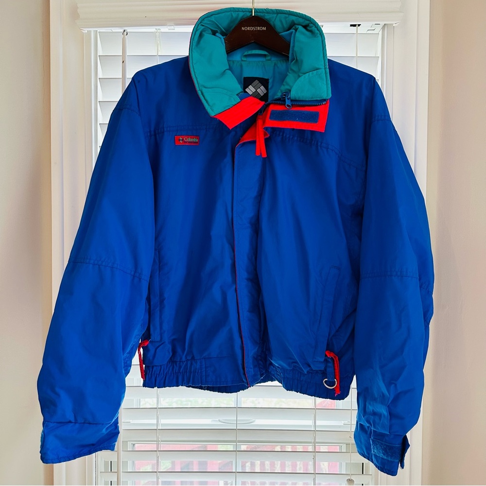 🎀 80’S VINTAGE BUNGABOO ZIP UP SKI JACKET RADIAL SLEEVES BLUE TEAL TRIM MEN MED